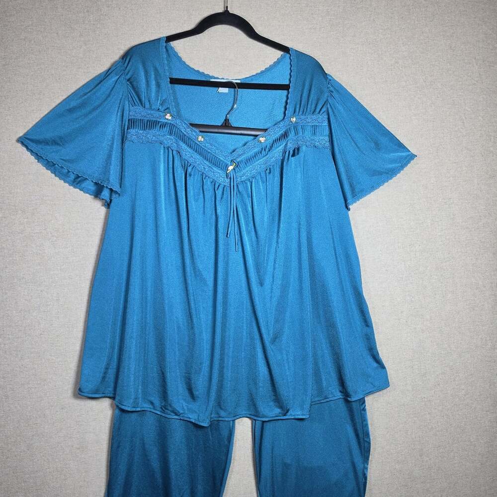 Only Necessities Womens 1X Blue Nylon silky 2pc Pajama pants Set Lace Trim - Picture 11 of 12